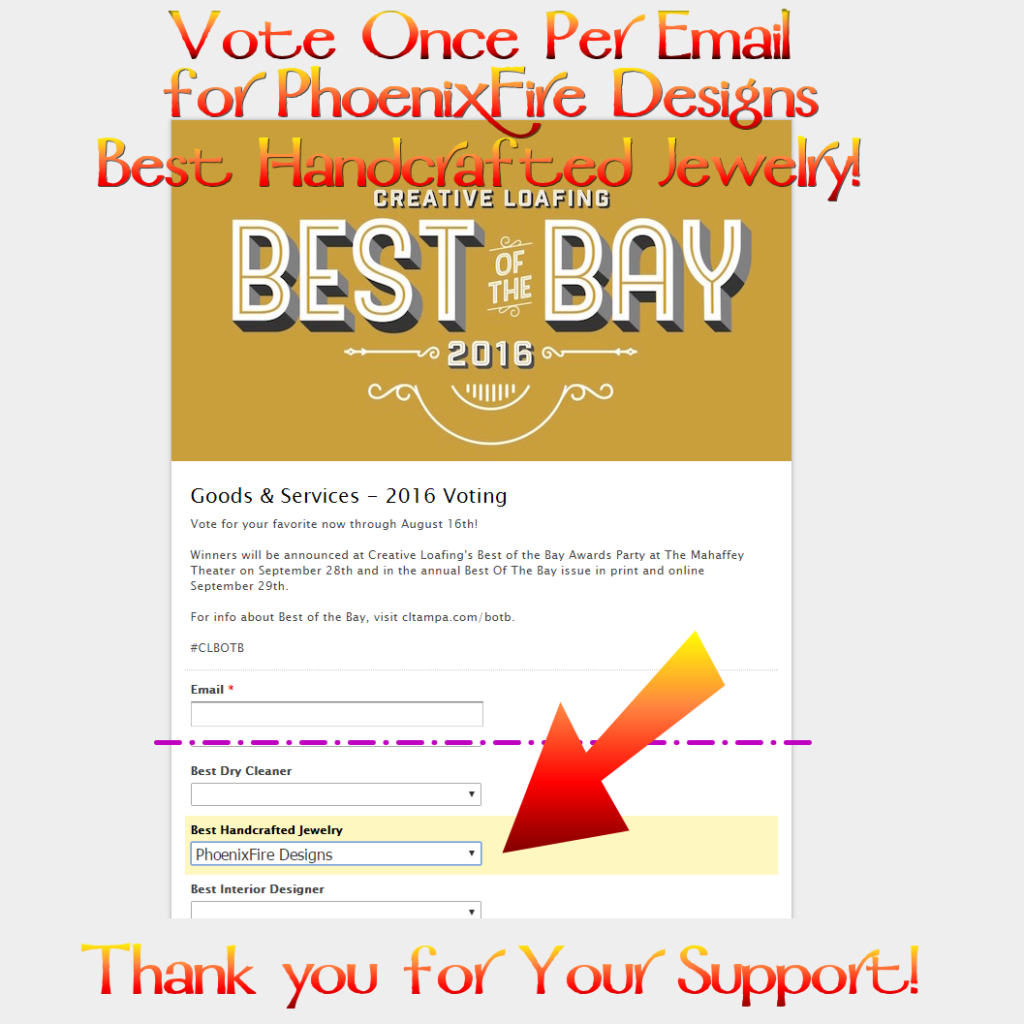 Vote PhoenixFire Designs for Best Handcrafted Jewelry in Creative Loafing's Best of the Bay contest! Support our 100% local, 100% handmade from scratch tree of life pendants. Celebrating 10 years on etsy!